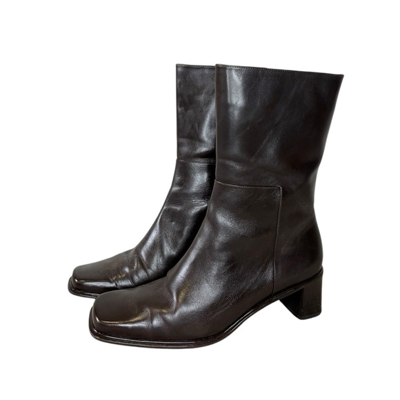 Vintage Shoes - Vintage 90s Dark Brown Leather Square Toe High Ankle Boots
